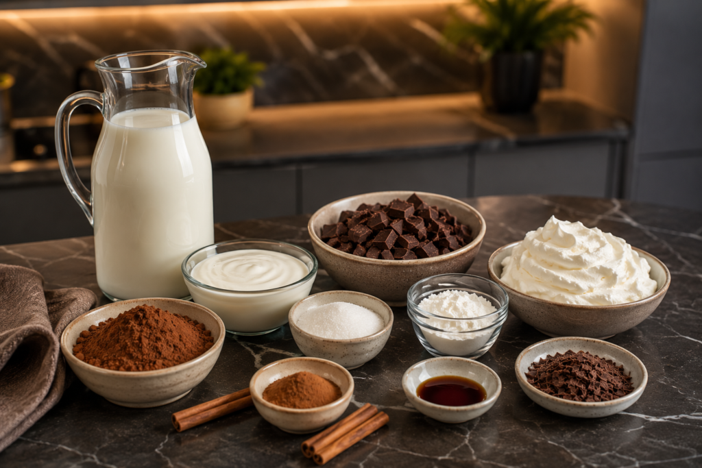 Ingredientes para preparo de um chocolate quente