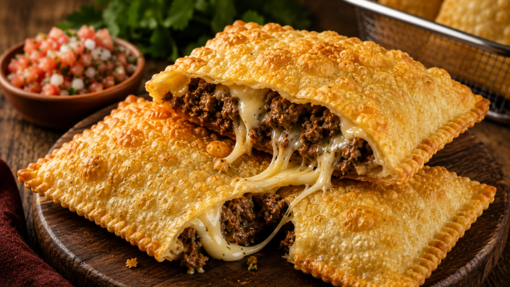 Receita de Pastel de feira gourmet de Carne e Queijo