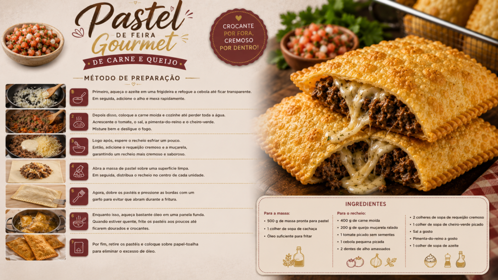 metodo de preparo Pastel de feira gourmet de Carne e Queijo