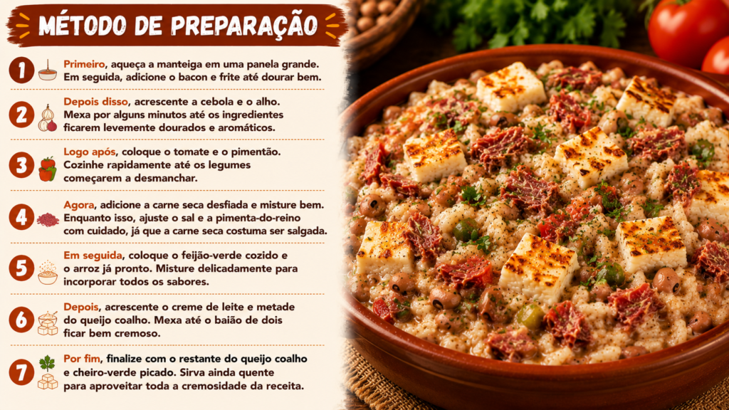 metodo de preparo Baião de Dois Cremoso com Queijo Coalho e Carne Seca